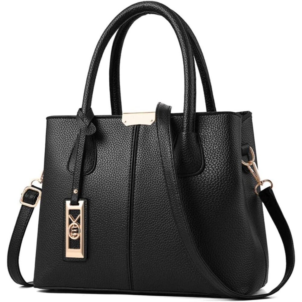Women's Black Top Handle Satchel Pu Leather Zipper Closure Tote Bags